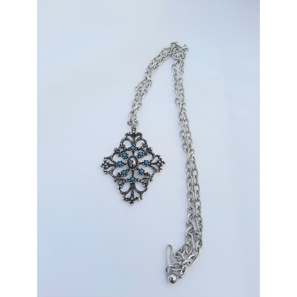 Vintage Avon Necklace, silver tone with blue Lucite inserts, 24 inches